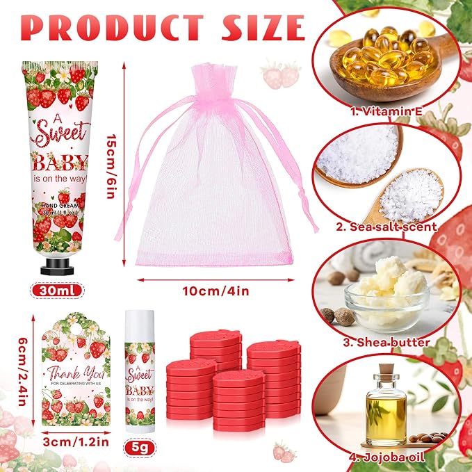 Loopeer 30 Set/150 Pcs Strawberry Baby Shower Favors for Guests Gifts Hand Cream Lip Balm Soap Party Favors Travel Size with Bags, Thanks You Card for Games Prizes Souvenirs