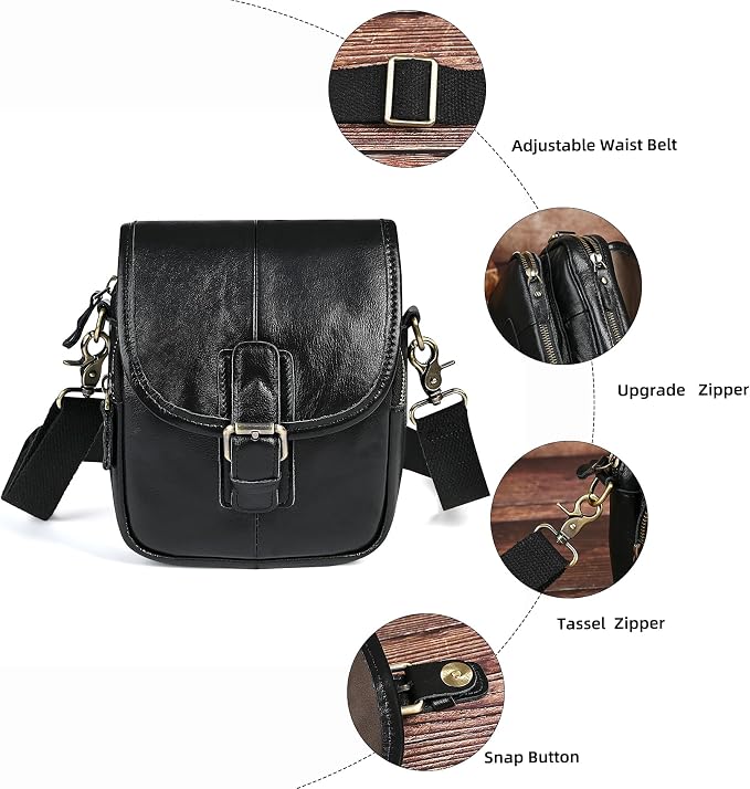 Water Resistant Canvas + Leather Hiking Riding Travel Fanny Waist Pack Small Phone Pouch For Men Women FB811-29 (1168-Black)