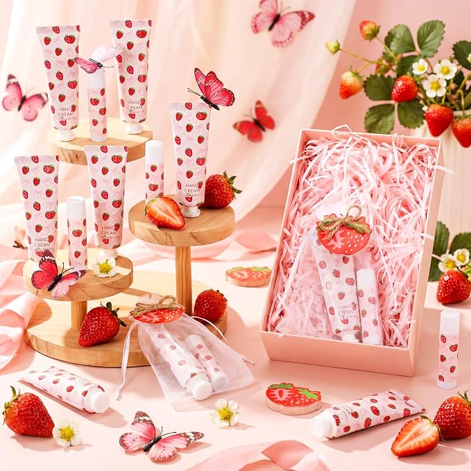 Lounsweer 24 Sets Pink Bow Strawberry Birthday Hand Cream and Lip Balm Gift Strawberry Bows Baby Shower Party Favor for Guest Travel Size Hand Lotion and Lip Balm Bridal Shower Birthday Party Supplies