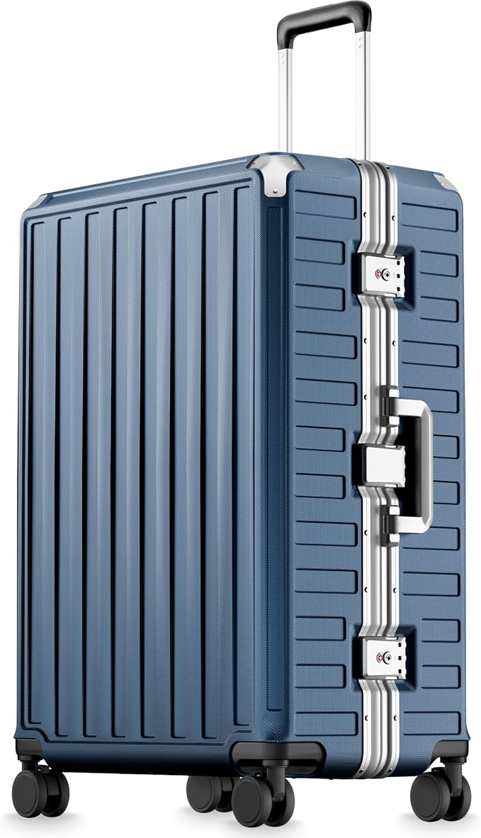 LUGGEX Checked Suitcase with Spinner Wheels, 8010S Aluminum Frame Zipperless Polycarbonate Hard Shell Suitcase (ZX-Core, Blue, 28 Inch)