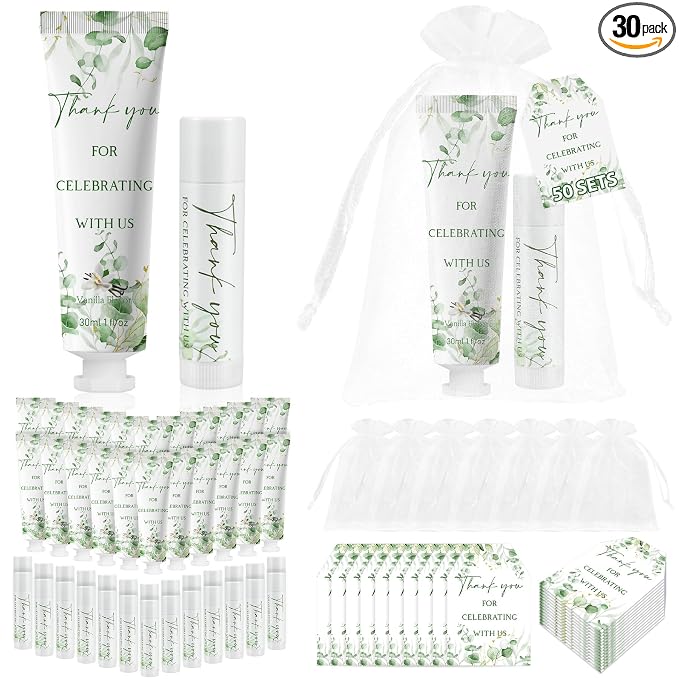 30 Sets Moisturizing Lip Balms in Bulk Return Thank You Gifts for Wedding Sage Green Eucalyptus Leaf Theme Birthday Baby Shower Gifts Party Favors Games Prizes Guests Gifts