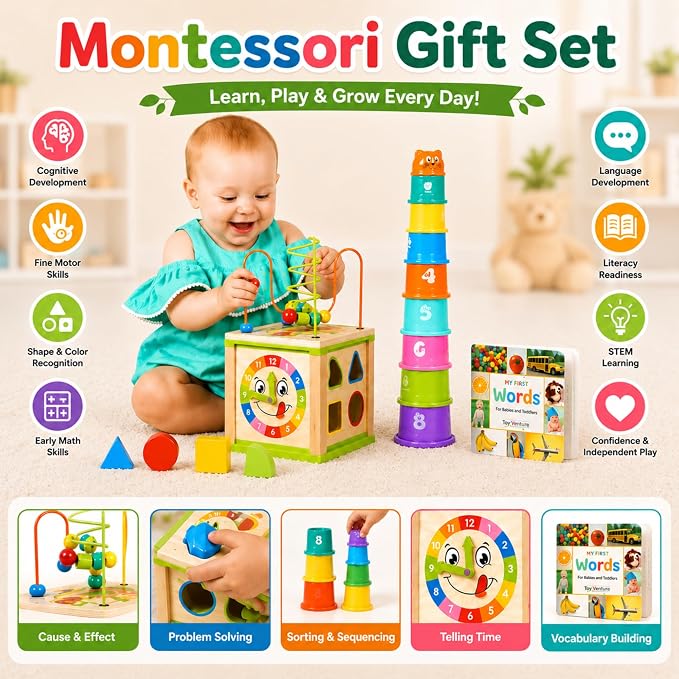 Wooden Activity Cube for Baby, Montessori Toys for 1 Year Old, Baby Toys 1 Year Old, Toys for 1+ Year Old Girl - Wooden Activity Center with Bead Maze Toy, Baby Stacking Cups, Book, in Pink Gift Box