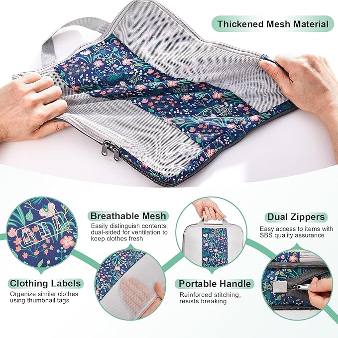8 Set Compression Packing Cubes for Travel Essentials,Compressible Expandable Packing Cubes for Suitcase,OlarHike Luggage Garment Bags for Travel,Handy Helper for Organizing Clothes(Dark Blue Floral)