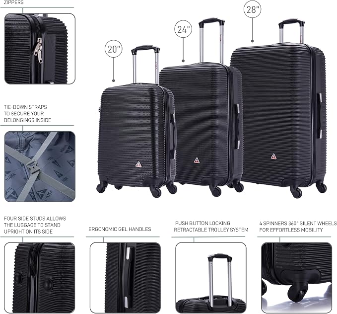 InUSA ROYAL Hardside Luggage Set with Spinner Wheel | Spacious Travel Suitcases with Ergonomic GEL Handle and Studs | (20/24/28) 3 Piece Luggage Set | Black