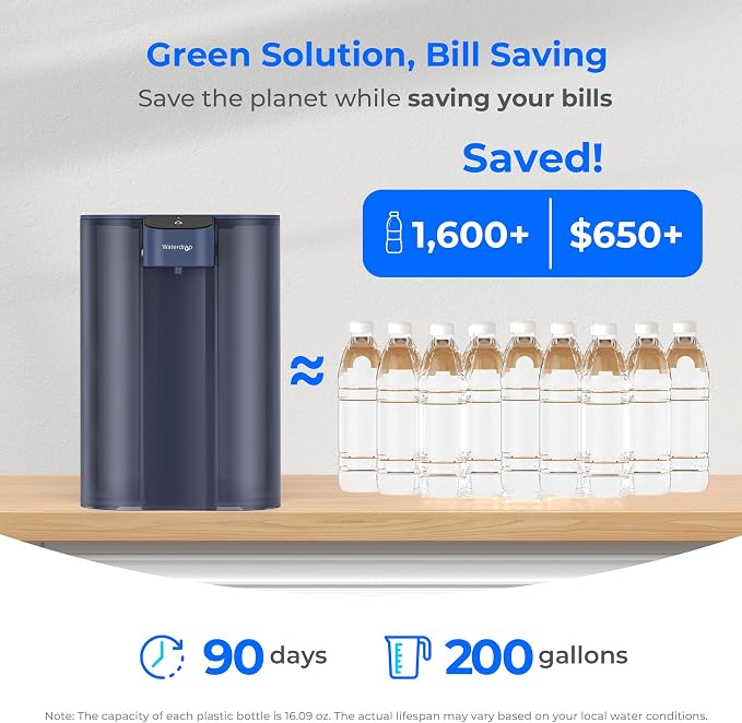 Waterdrop ED04B-L Mega Electric Water Filter Dispenser, Large 27-Cup, 200-Gallon Rechargeable Instant System, NSF/ANSI 42&53&401&372, Reduce PFOA/PFOS, Lead, Chlorine, Does not Lower TDS, Blue