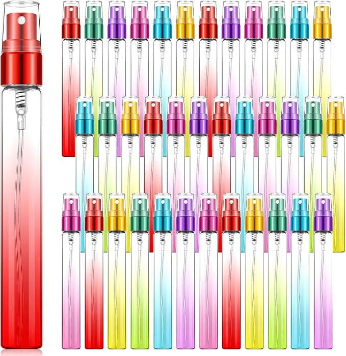 Zhehao 36 Pieces Mini Perfume Spray Bottles 10 ml Colorful Glass Fine Mist Refillable Spray Empty Bottles Perfume Atomizer Small Sample Containers for Travel Essential Oils Cleaning