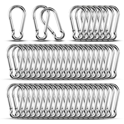 Small Carabiner Clip Hooks, 50pcs 2.75 inch Carabiners Heavy Duty, 304 Stainless Steel Spring Snap Hook Fits Camping Hiking, Metal Clips for Rope Chain Keys Rings