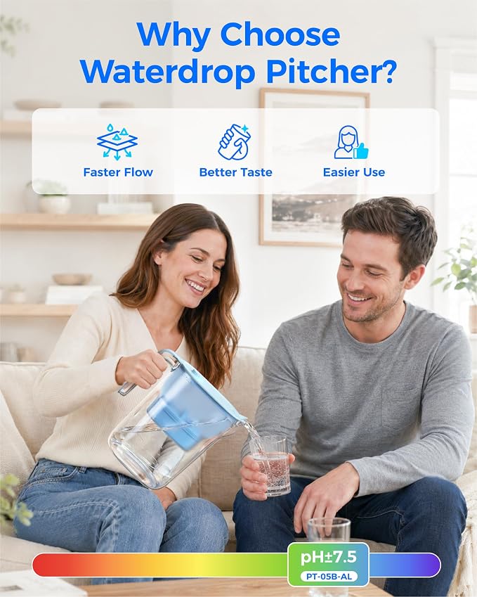 Waterdrop PT-05B-AL Alkaline Water Filter Pitcher, 7-Cup, Mineralized Alkaline Water, Healthy, Clean & Toxin-Free, Up to 100 Gallons, Up to pH 9.5, BPA-Free, for Fridge, Countertop & Gift, Blue