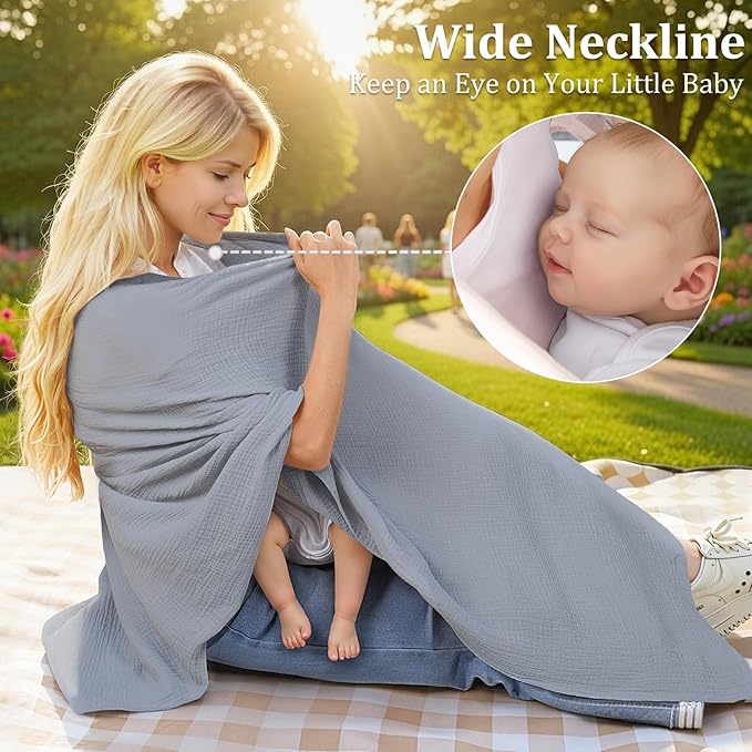 Muslin Nursing Cover Up for Breastfeeding, Soft & Breathable Cotton Breast Feeding Cover for Women, Full Privacy Breastfeeding Cover - Newborn Baby Essential, Gray