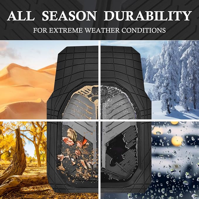 CAR PASS Heavy Duty Rubber Car Mats, Deep-Dish Car Floor Mats All Weather, Universal Two-Tone Trim-to-Fit for SUVs Trucks Sedans, Waterproof Anti-Slip, 3 Pieces V12 Black and Charcoal