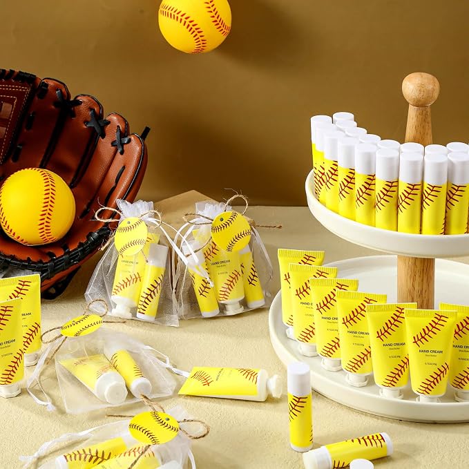 144 Pcs Lip Balm Hand Cream Set Party Favors, Include 36 Lip Balm 36 Moisturizing Hand Cream 36 Bags 36 Cards and Ropes for Accessories Gifts(Yellow,Softball)