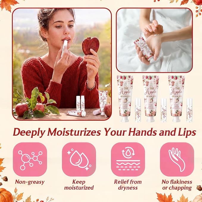 24 Sets Fall Apple Theme Baby Shower Hand Cream and Lip Balm Gift The Apple of Our Eye Baby Shower Party Favors Travel Size Hand Lotion and Lip Balm Bulk with Organza Bag Tag for Guest