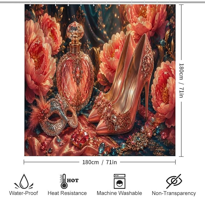 Floral Embellished High Heels Perfume Bathroom Rug Set 4 Piece with Shower Curtain Non Slip Bath Mat Set Microfiber Bathroom Decor Toilet Lid Cover U Shape Rug Waterproof Bathroom Accessories