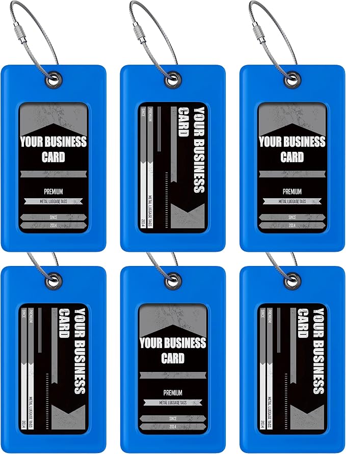 Luggage Tags Business Card Holder by TUFFTAAG - Flexible PVC Travel ID Bag Tag, Blue, 6 Pack
