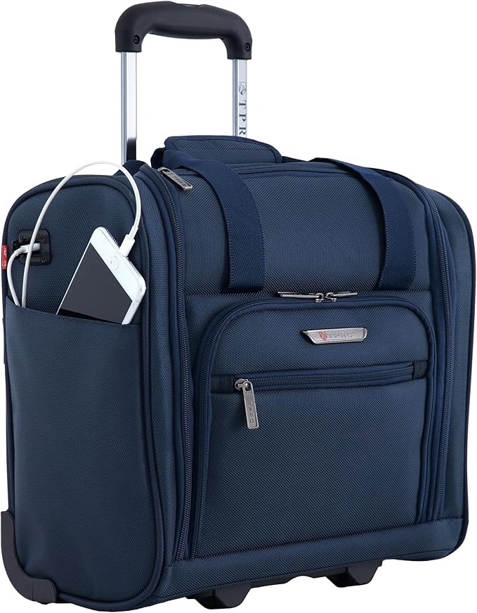 TPRC 15" Smart Underseat Carry-On Luggage with USB Charging Port, Navy Blue