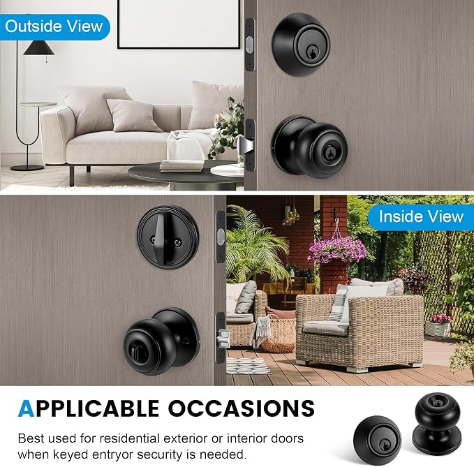 Plustool 5 Pack Front Door Lock Set Matte Black,Exterior Door Lock Set with Deadbolt,Single Cylinder Deadbolt Lock and Door Knob Set,Keyed Alike Door Knobs with Lock&Keys,Round Ball Entry Door Lockset