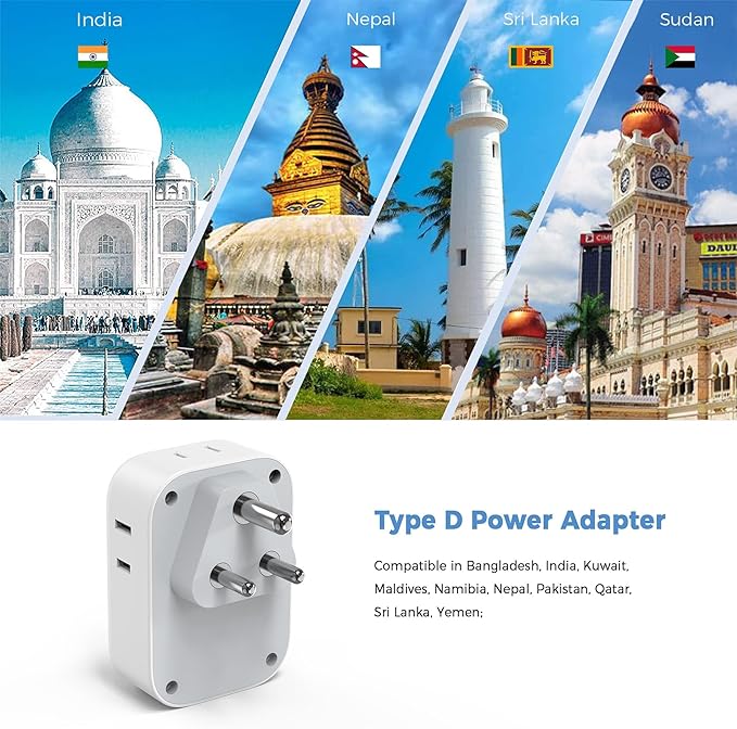 TESSAN India Plug Adapter 2 Pack, Type D Travel Adapter with 4 Outlets 3 USB Charger (1 USB C Port), US to Indian Outlet Adaptor for USA to Bangladesh, India, Kuwait, Maldives