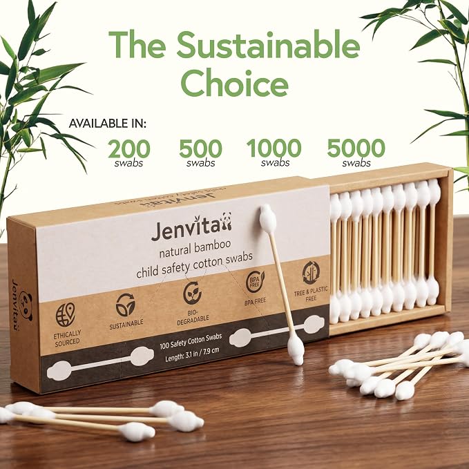 Jenvita 100% Bamboo Cotton Swabs for Ears (200-Pack) - Perfect for Baby & Personal Care | Double-Tipped Ear Swabs Cotton for Makeup & Cleaning | FSC Certified & Hypoallergenic, Made for All Ages & Pet