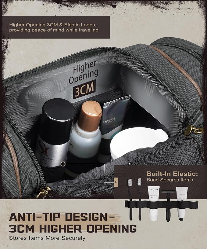 ARCFOX Travel Hanging Toiletry Bag for Men, Vintage Canvas Large Toiletry Bag with 7 Compartments, Camping Gym Travel Toiletry Kit Organizer with PVC Wet & Dry Pockets, Personalized Wash Bag, Black