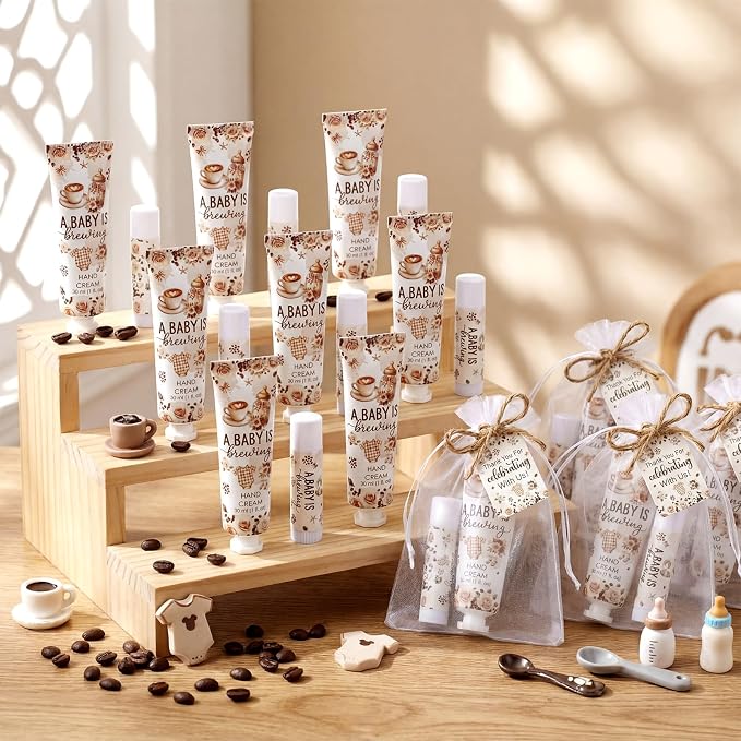 48 Sets a Baby Is Brewing Baby Shower Favors for Guests Coffee Babies Shower Gift Hand Cream and Lip Balm Bulk Thank You Souvenir for Pregnancy Diaper Party Supplies Gender Reveal Games Prizes