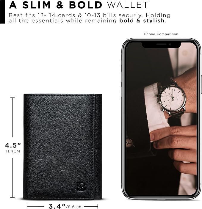 SERMAN BRANDS Trifold Wallet for Men - RFID Blocking Genuine Leather, 11 Card Slots & ID Window, Slim Everyday Carry, Durable Stitching, Gift for Him