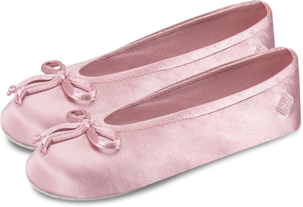 Isotoner Women's Satin Ballerina Slippers with Classic Ribbon Bow and Suede Sole