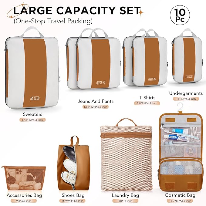 10 Set Compression Packing Cubes for Travel Essentials,Compressible Expandable Packing Cubes for Suitcase,OlarHike Luggage Garment Bags for Travel,Handy Helper for Organizing Clothes(Brown)