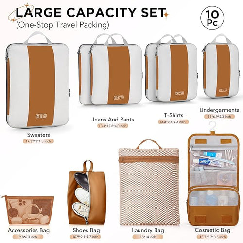 10 Set Compression Packing Cubes for Travel Essentials,Compressible Expandable Packing Cubes for Suitcase,OlarHike Luggage Garment Bags for Travel,Handy Helper for Organizing Clothes(Brown)