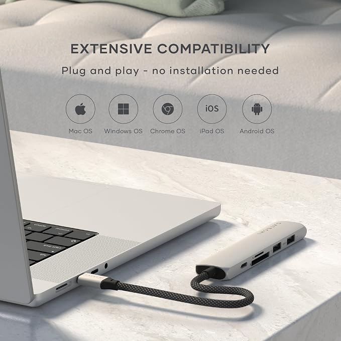 Satechi 6 in 1 USB C Hub Multiport Adapter with HDMI 4K@60Hz, 100W PD Charging, 2X USB-A Data Ports, Micro/SD Card Readers for MacBook Air/Pro/Neo, iPad Air/Pro, Windows – Silver