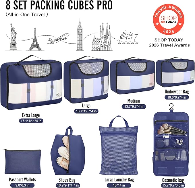 Veken 8 Set Packing Cubes for Travel Essentials, Suitcase Organizer Bags in 4 Sizes, Carry-On Luggage Accessories with Large Laundry Bag & Passport Holder, Must-Have for Airplane, Road Trip & Camping