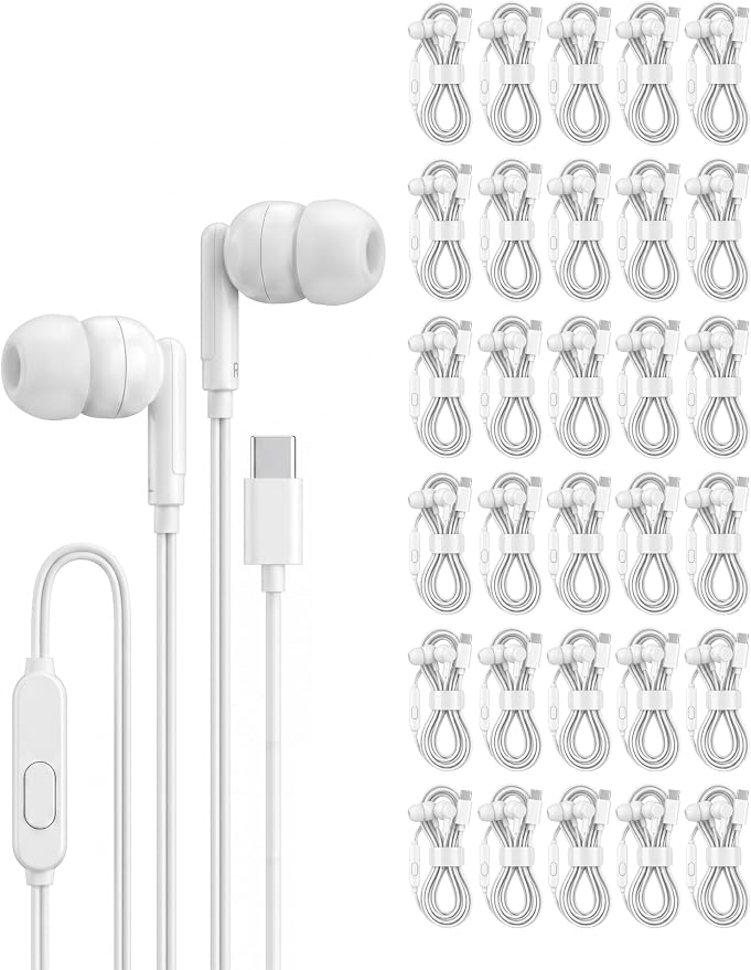 Pearl 30-Pack USB C Headphones Wired, Type C Earbuds for iPhone 17 16 15 Pro Max Plus, iPad, Android, Individually Wrapped Bulk Wired Earbuds USB C No Microphone for School Classroom Lab, White