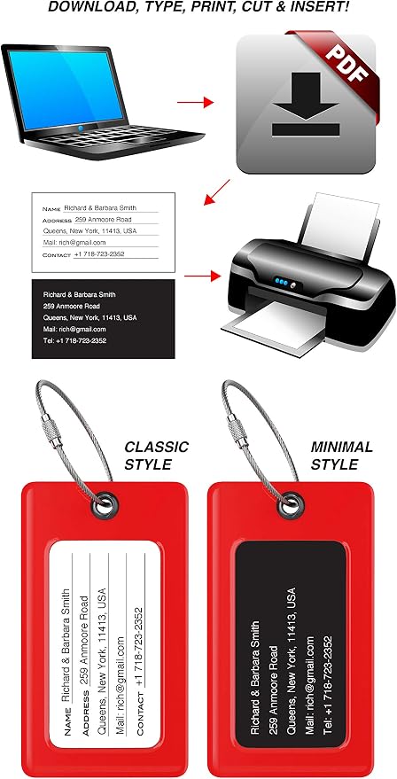Luggage Tags Business Card Holder by TUFFTAAG - Flexible PVC Travel ID Bag Tag, Red, 6 Pack