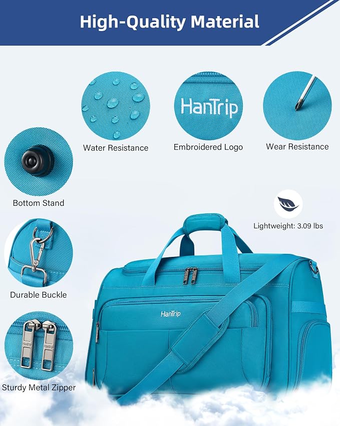 HanTrip Carry on Duffel Bag Foldable Duffle Bags for Travel, Large Personal Item Bags for Airplanes, Weekender Overnight Mens Travel Tote Bag for Women Softside Carry on Luggage (Caribbean Blue)