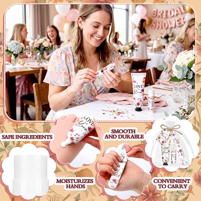 Leelosp 24 Sets Love Is in Blooming Hand Cream and Lip Balm Gift Bulk Pink Floral Wildflower Bridal Shower Favor for Guests Travel Size Hand Lotion Lip Balm Nail File Gifts Set Wedding Party Supplies