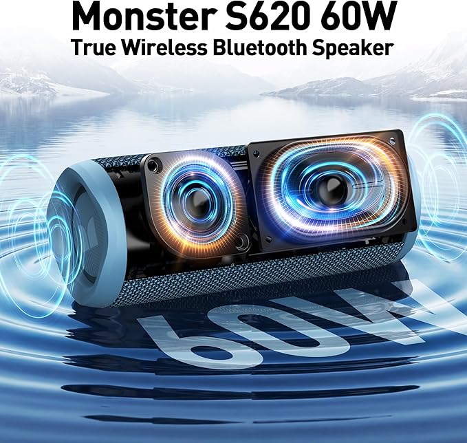Monster S620 Bluetooth Speaker, Wireless Portable Outdoor Bluetooth Speakers, 60W True Wireless Stereo IPX8 Waterproof, Dual PairingBluetooth 5.4 Built-in Mic, Perfect for Home, Blue