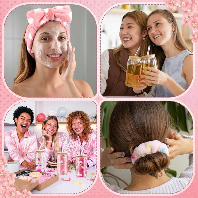 37 Pcs Spa Sleepover Party Supplies for Girls, 6 Set Spa Party Favors, Include Cups, Hairbands, Sleep Eye Mask, Headband, Brush, Tote Bags with Ribbon for Pink Sleepover Birthday Favors