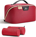 Travel Makeup Bag for Women: 3-in-1 Large Capacity Cosmetics Organizer with 2 Detachable Pouch - Vegan Leather Flat Open Toiletry Bag - Portable Travel Essentials for Full-Sized Bottles(Red)