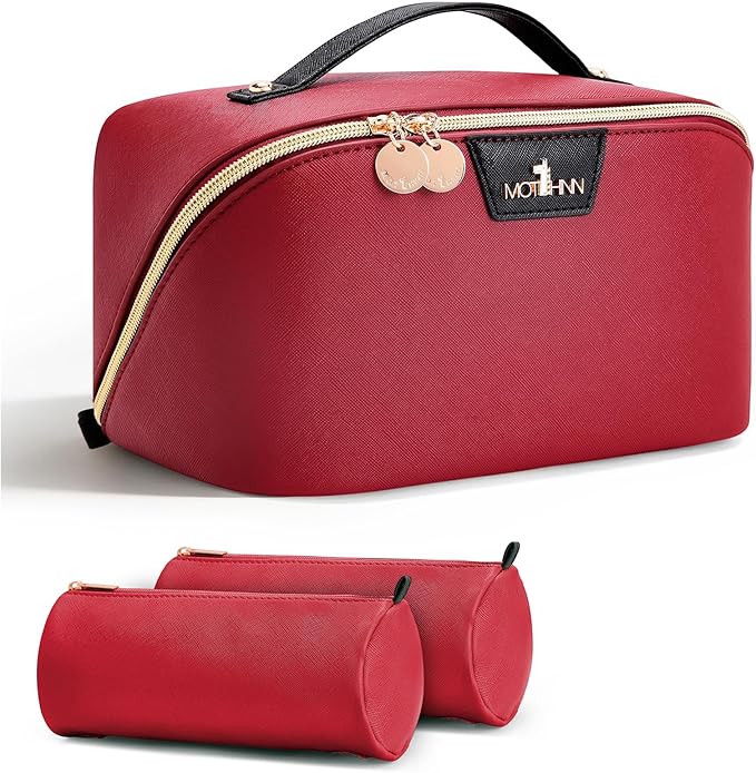 Travel Makeup Bag for Women: 3-in-1 Large Capacity Cosmetics Organizer with 2 Detachable Pouch - Vegan Leather Flat Open Toiletry Bag - Portable Travel Essentials for Full-Sized Bottles(Red)