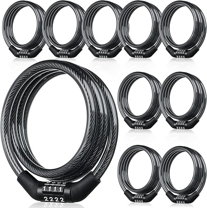 Hotop 10 Pcs 4 Feet Bike Lock Cable with Combination, Coiled Preset Bike Lock High Security 4 Digit Bicycle Locks Anti Theft Bikes Accessories Black Bicycle Cable Locks, 5/6 Inch Diameter