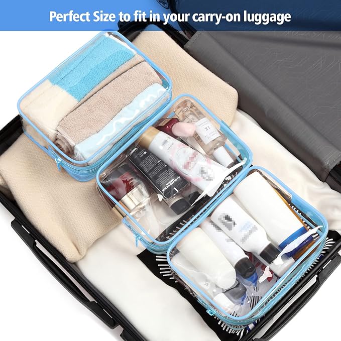PACKISM 3 Pack TSA Approved Clear Toiletry Bags, Quart Size, Travel Makeup Cosmetic Bag for Women Men, Carry On Airport Airline Compliant, Light Blue