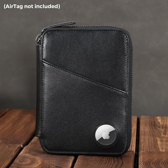 Polare Full Grain Leather Travel Passport Wallet RFID Blocking Passport Holder Soft Bifold Cover Case with YKK Zipper (Black with AirTag Slot)