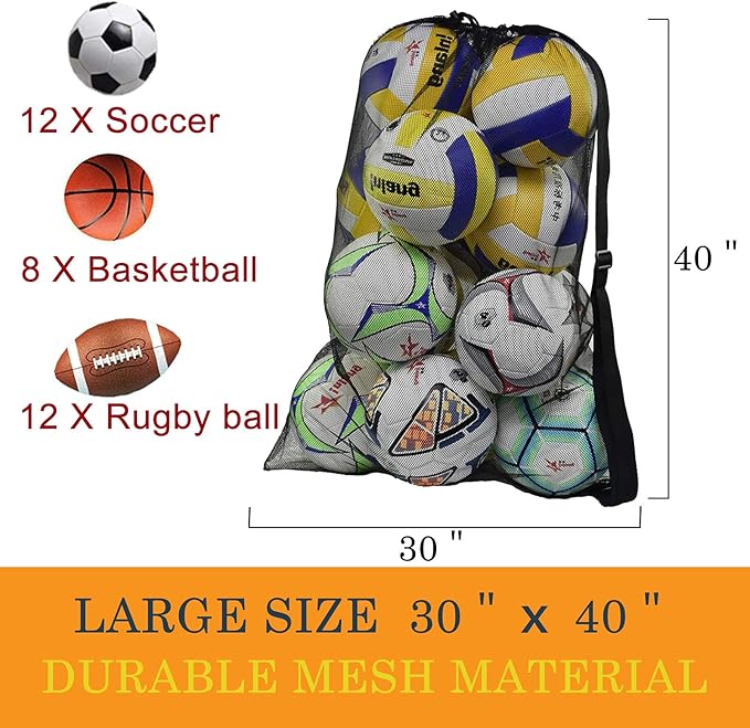 Heavy Duty Mesh Ball Bag, Drawstring Sport Equipment Storage Bag for Basketball, Soccer, Sports Beach and Swimming Gears with Adjustable Shoulder Strap Outdoor Organizer