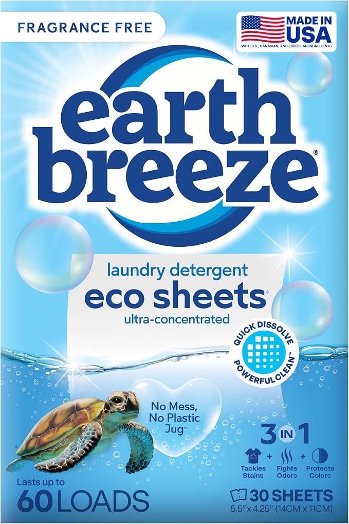 Earth Breeze Laundry Detergent Sheets Fragrance-Free - 60 Loads Eco Liquidless Soap - Travel-Friendly for Hot & Cold Cycles, Tackles Tough Stains & Odors - Gentle on Sensitive Skin, 30 Ct