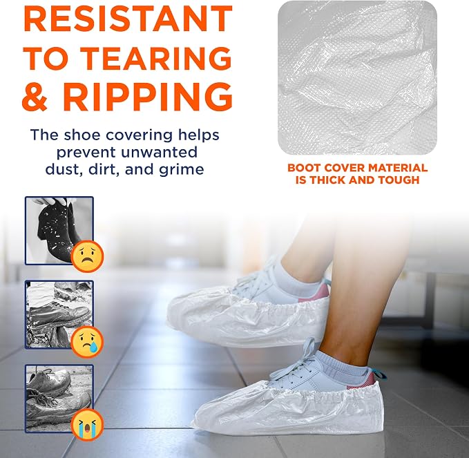EZGOODZ White Indoor Shoe Covers Disposable Non Slip, 16.5 x 6.5 Inch. 1000 Pack Shoe Booties Disposable. 2 Mil CPE Disposable Booties for Shoes Covers. Waterproof Surgical Boot Covers for Outdoor