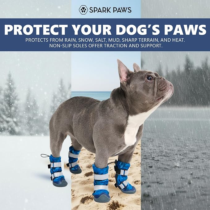 Spark Paws Dog Rainboots, Waterproof Dog Shoes for Medium to Large Dogs, Non Slip, Dog Booties and Paw Protectors - 4PCS Doggie Hiking Boots with Reflective Straps - Blue Camo, Size 5