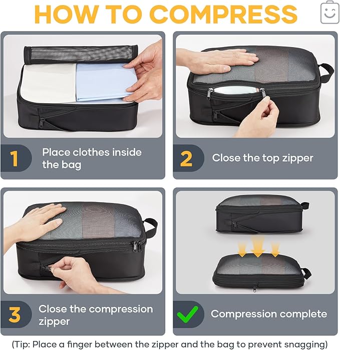 Veken 6/9/11 Set Compression Packing Cubes for Travel Essentials,Compressible Expandable Large Luggage Suitcase Organizer Bags for Clothing,Durable Space Saver Storage Bags(Black)