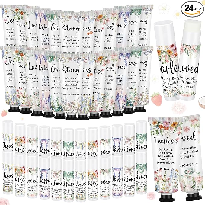Loopeer 24 Sets Bulk Christian Hand Cream and Lip Balm Set for Women Religious Travel Size Moisturizing Lip Care Mini Religious Gifts for Women Coworker Appreciation Gift