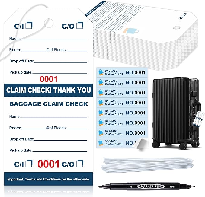 1000 Pcs Hotel Luggage Claim Tags 001 to 1000 with Strings 4-3/4 x 2-3/8 Inch with 8 Labels & Matching Numbers Durable Paper Baggage Check Tags with Stubs for Hotels Storage and Transport (1000)