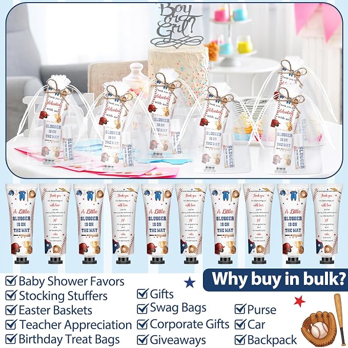 50 Sets 200 Pcs Baby Shower Hand Lotion and Lip Balm Gift a Little Slugger Is on the Way Theme Baby Shower Party Favors Travel Size Hand Lotion and Lip Balm Bulk with Organza Bags Tags