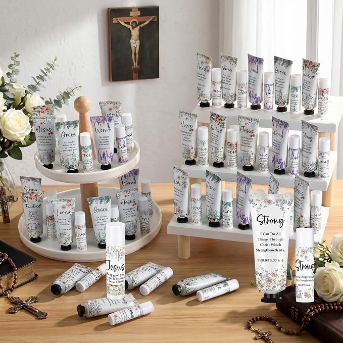 Loopeer 30 Sets Bulk Christian Hand Cream and Lip Balm Set for Women Religious Travel Size Moisturizing Lip Care Mini Religious Gifts for Women Coworker Appreciation Gift